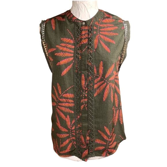 Tropical Palm Leaf Sleeveless Button Top Womens XS Green Coral Resortcore Boho - Picture 1 of 12